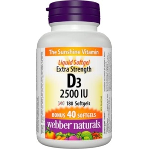 Webber Naturals Vitamin D3 2500 IU Extra Strength, 180 Softgels, For Healthy