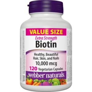 Webber Naturals Biotin 10,000 mcg Extra Strength, 120 Capsules, Supports Healthy
