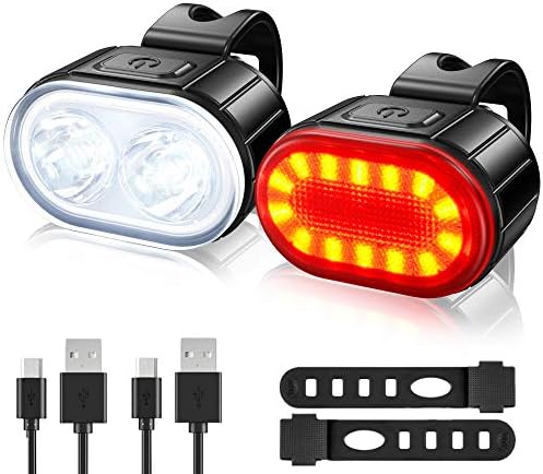 USB Rechargeable Bike Lights Set, Super Bright 2 LED Front and Back Rear Bicycle Light
