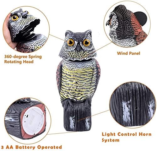 Ohuhu Horned Owl Decoy with 3 Different Tweets & Rotating Head, Fake Owl Scarecrow Statue - Image 2