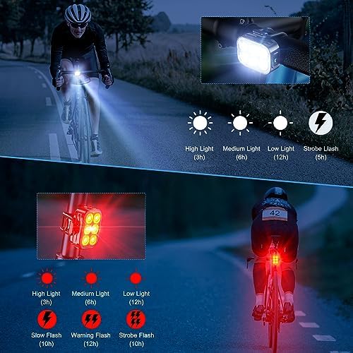 Bike Lights, Combination of Bike Front Light and Tail Light, IP65 Waterproof USB Charging - Image 3